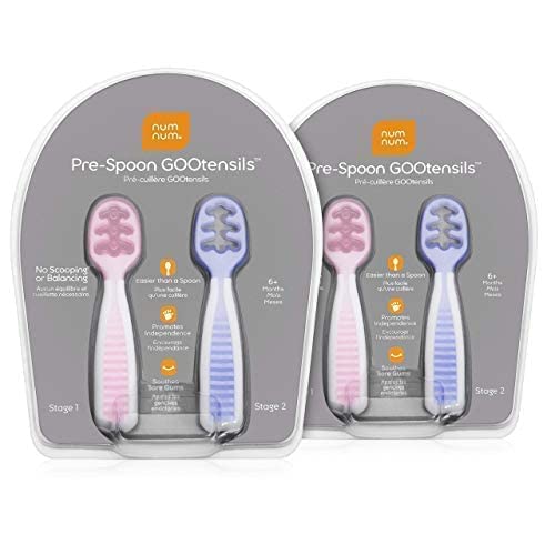 NumNum Pre-Spoon GOOtensils | Baby Spoon Set (Stage 1 + Stage 2) | BPA Free Silicone Self Feeding Toddler Utensils | for Kids Ages 6 Months+, 1-Pack, Two Spoons, Frosty Lilac/Rosebud - Image 5